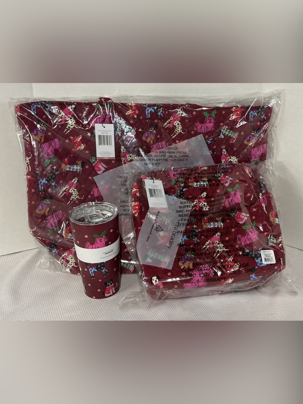 Vera Bradley Burgundy Holiday Dog Print Shoulder Bag Set